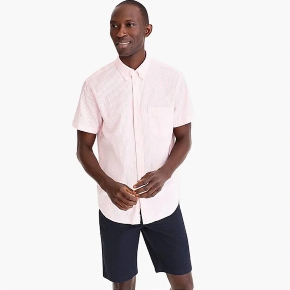 J. Crew Pink and White Seersucker Button Down Short Sleeved Shirt size Large